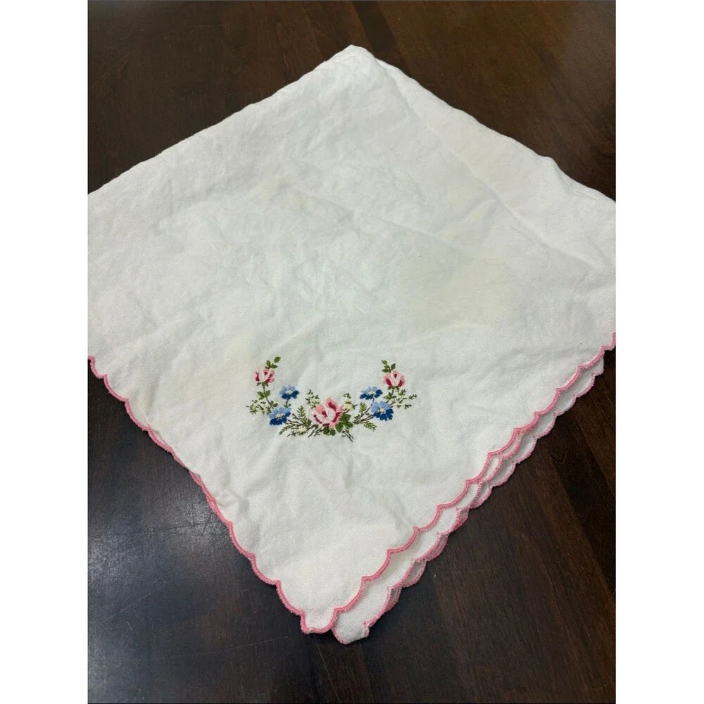 Vintage White Embroidered Linen Tablecloth with Pink Scalloped Edge